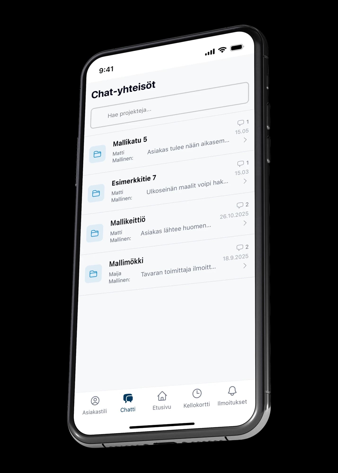 VÖRK-sovelluksen projektichat puhelimessa
