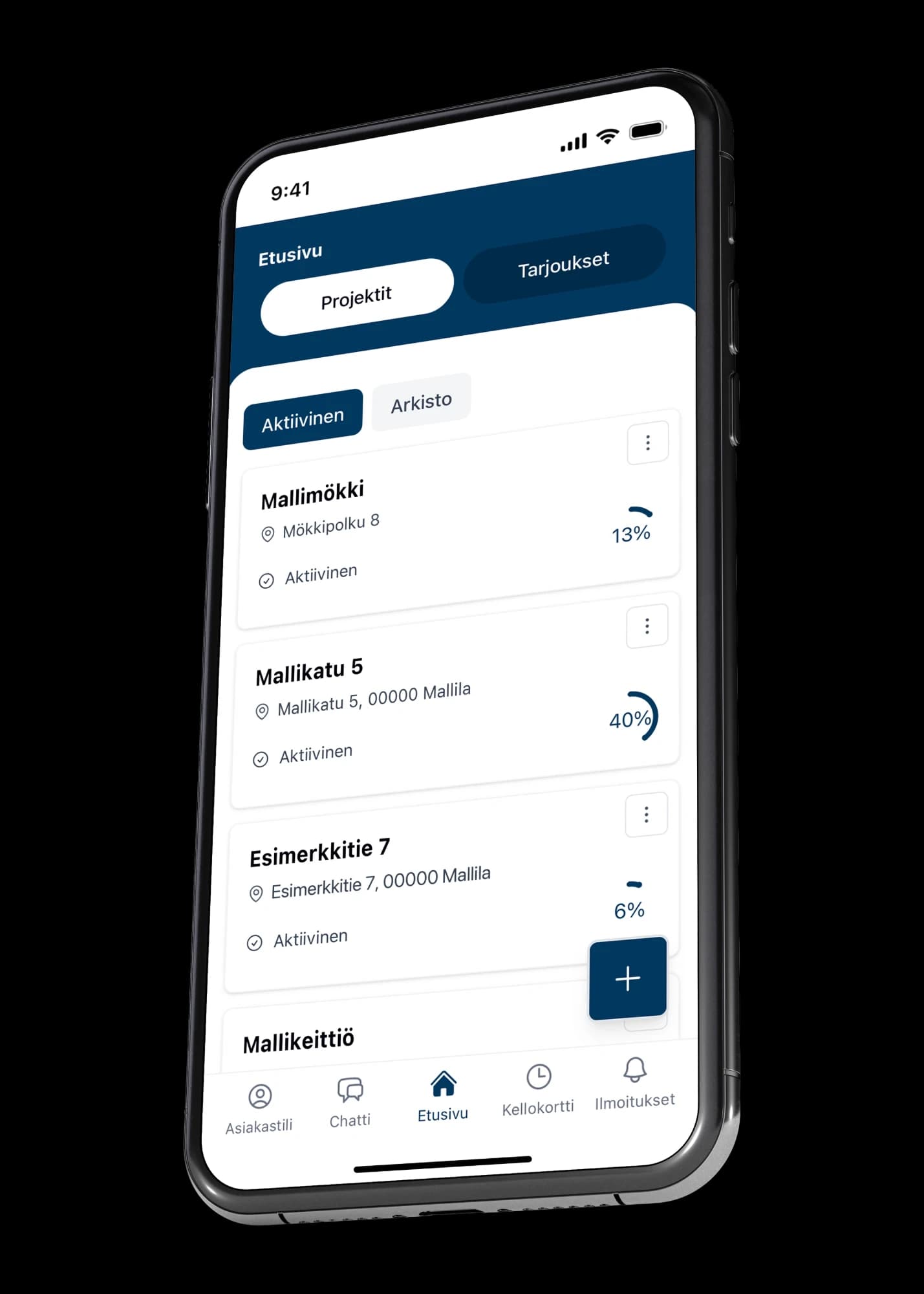VÖRK-sovelluksen projektilista puhelimessa