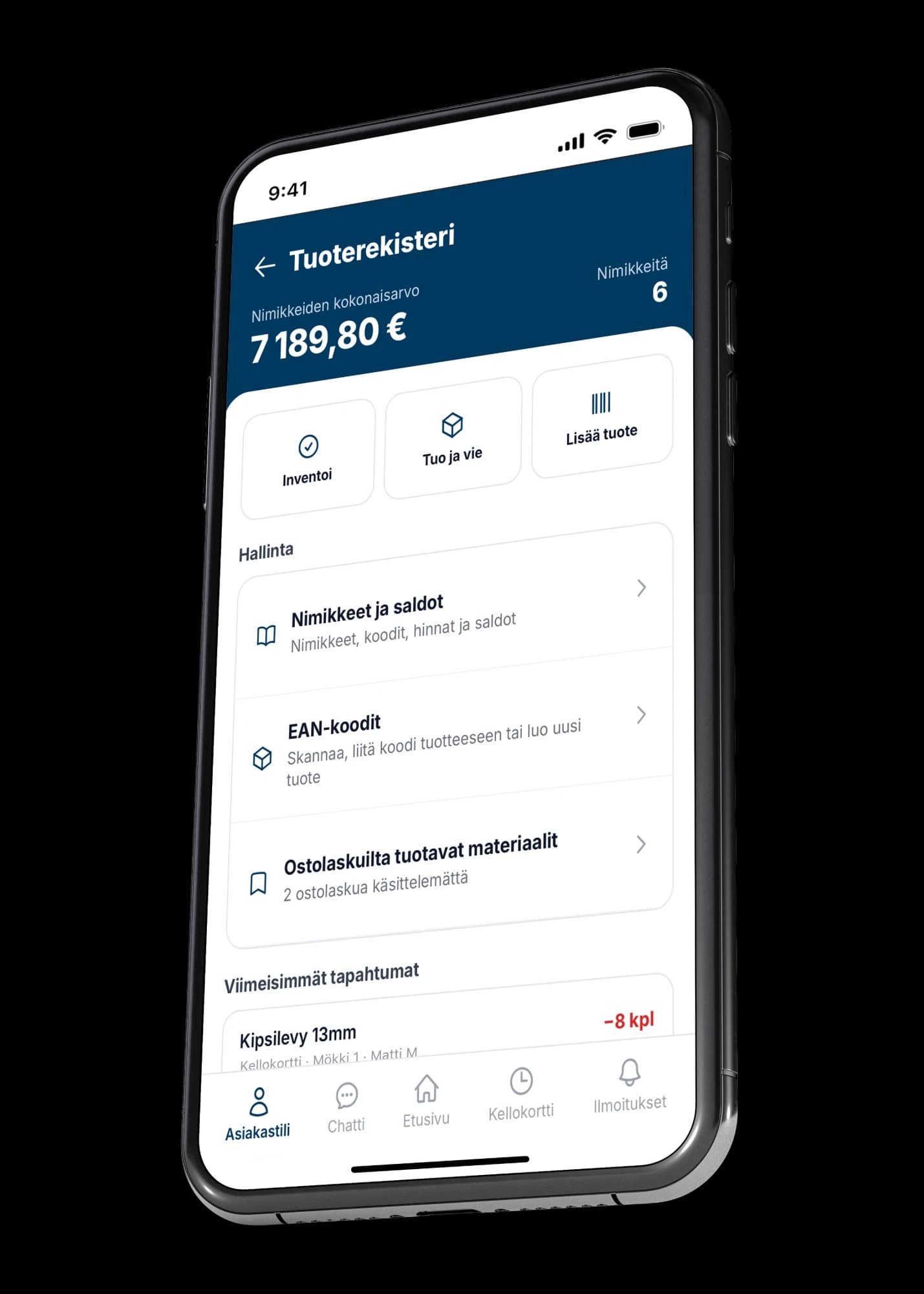 VÖRK-sovelluksen tuoterekisteri puhelimessa